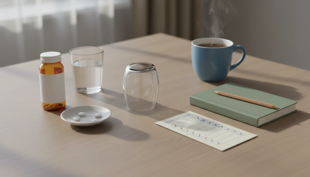 A calm tabletop still life contrasts medication support with journaling and habit tools for quitting alcohol.
