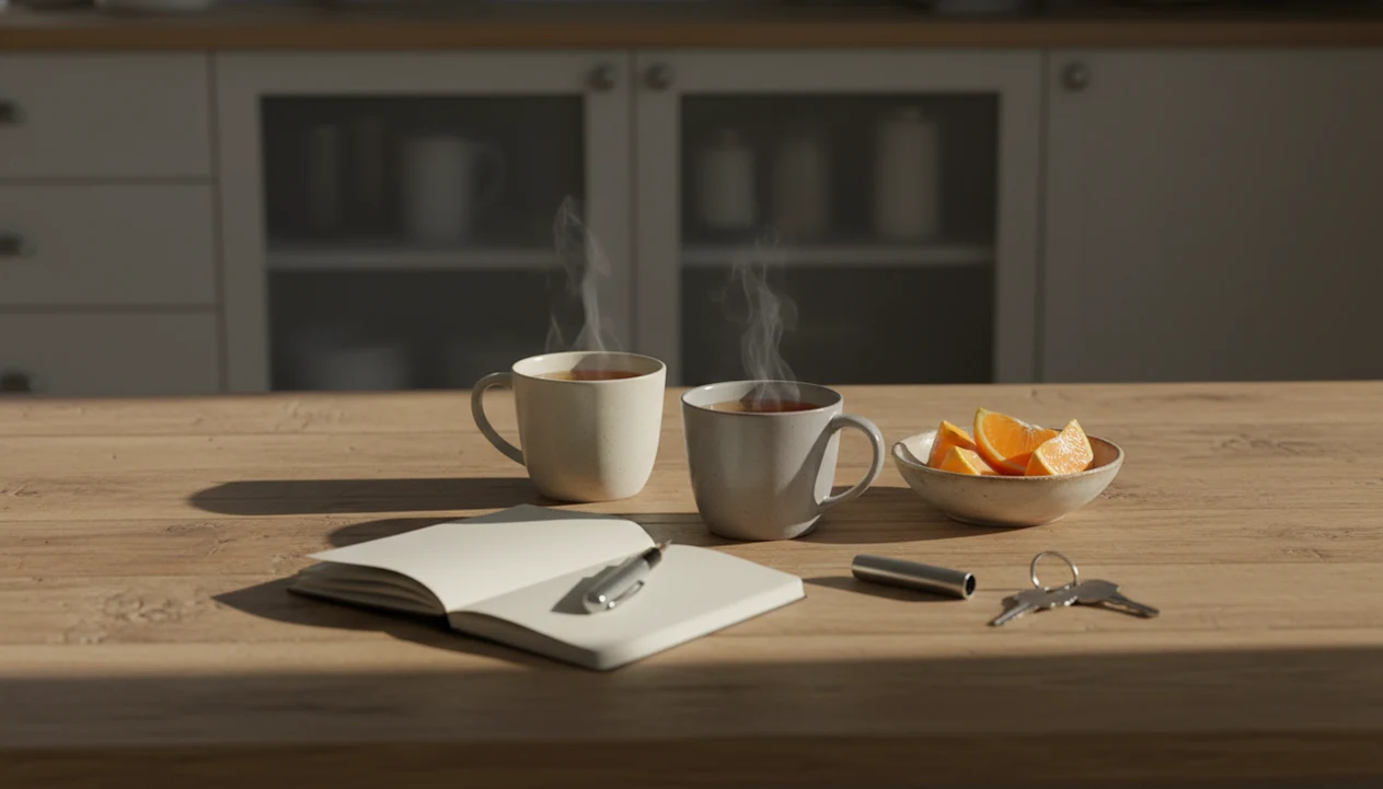 A quiet kitchen table with two mugs, keys, and a notebook for planning sobriety together.