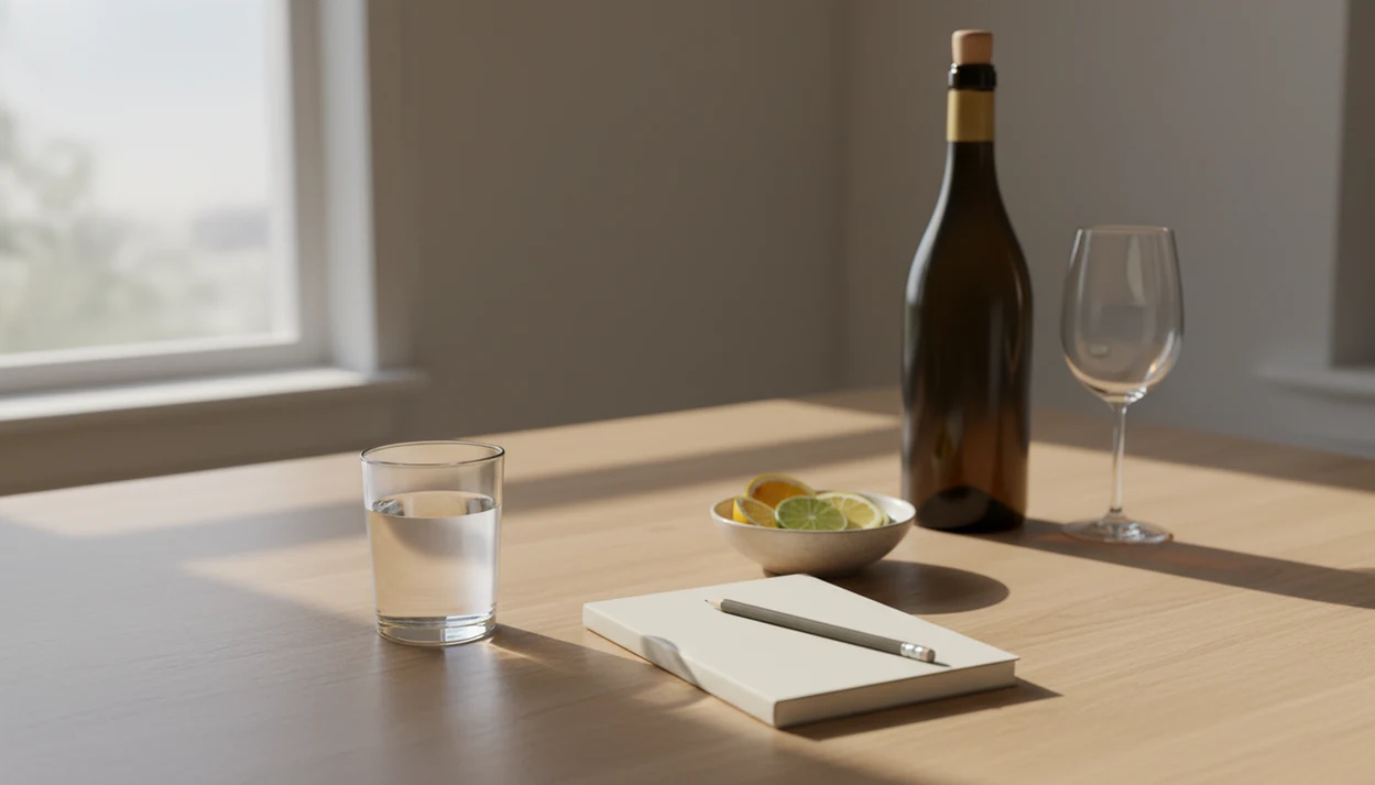 A quiet kitchen table shows water, a notebook, and an unopened wine bottle set aside.