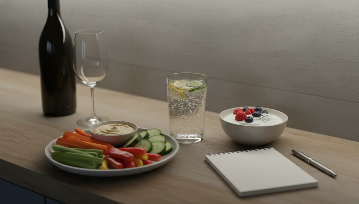 An unused wine glass sits beside sparkling water, balanced snacks, and a blank craving notebook.