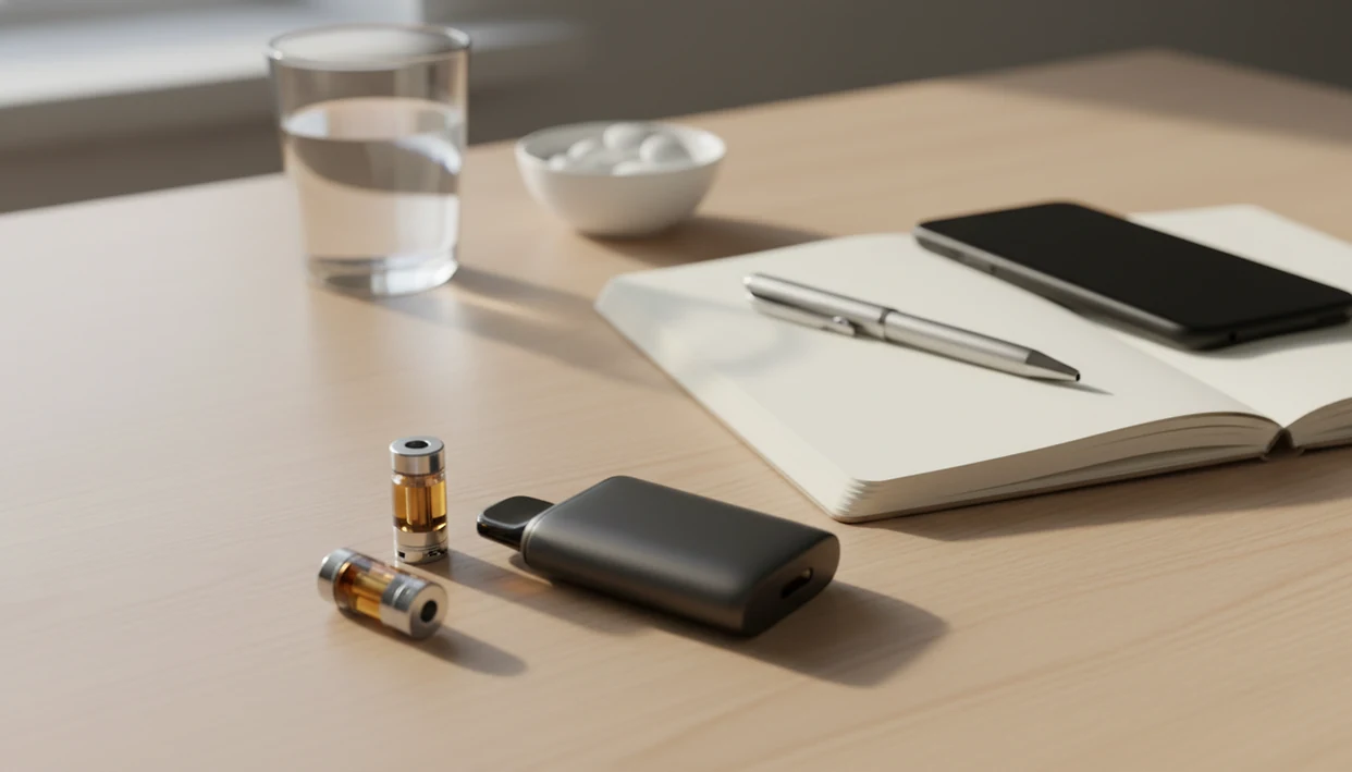 A pod-style vape sits beside a blank notebook, pen, phone, water, and mints on a quiet table.