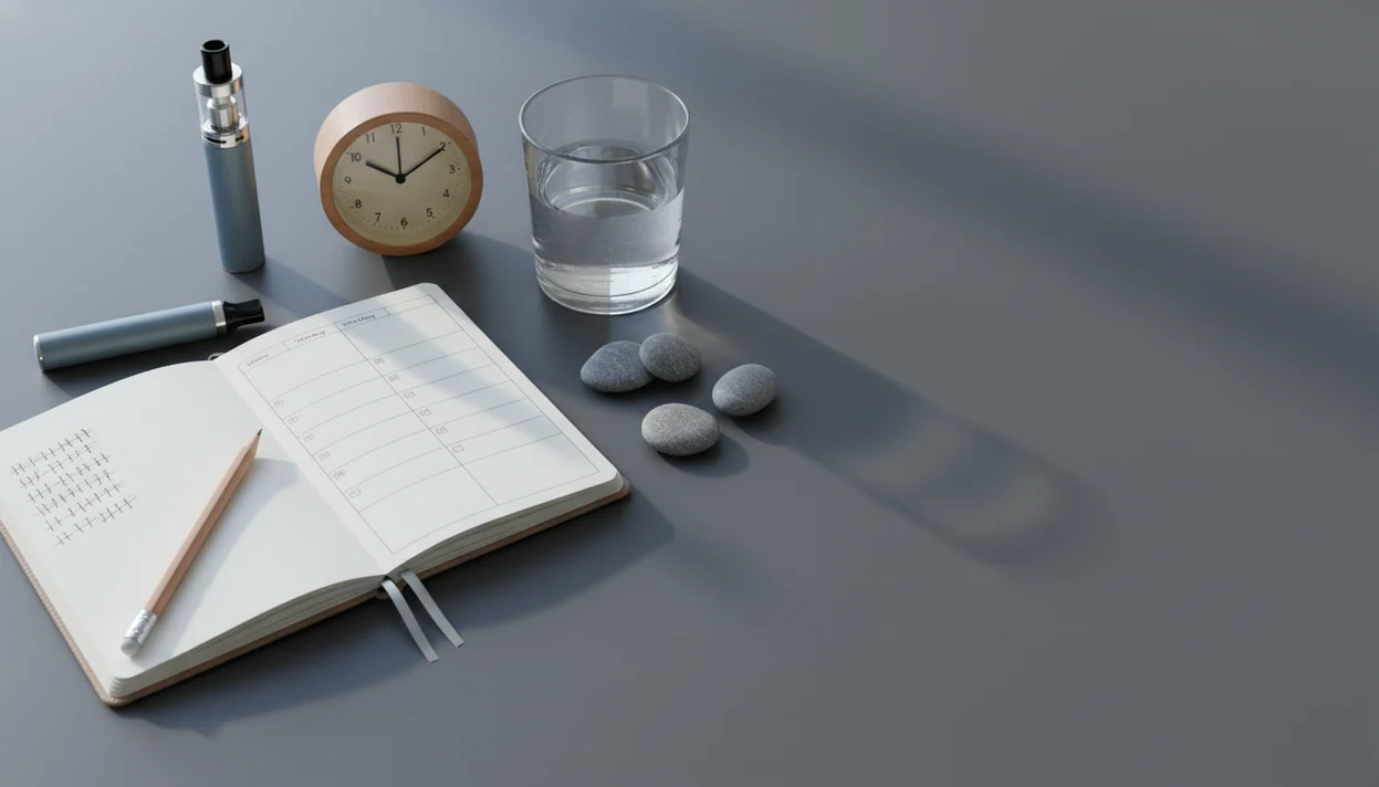 An unbranded vape sits beside a notebook, clock, pencil, and water glass for planning a nicotine salt quit attempt.