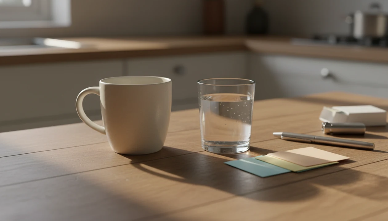 A calm table scene with coffee, water, blank reminder cards, and cigarettes pushed into the background.