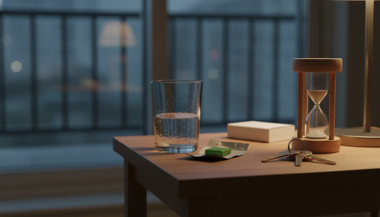 A closed cigarette pack sits pushed away behind water, gum, keys, and a sand timer on a nightstand.