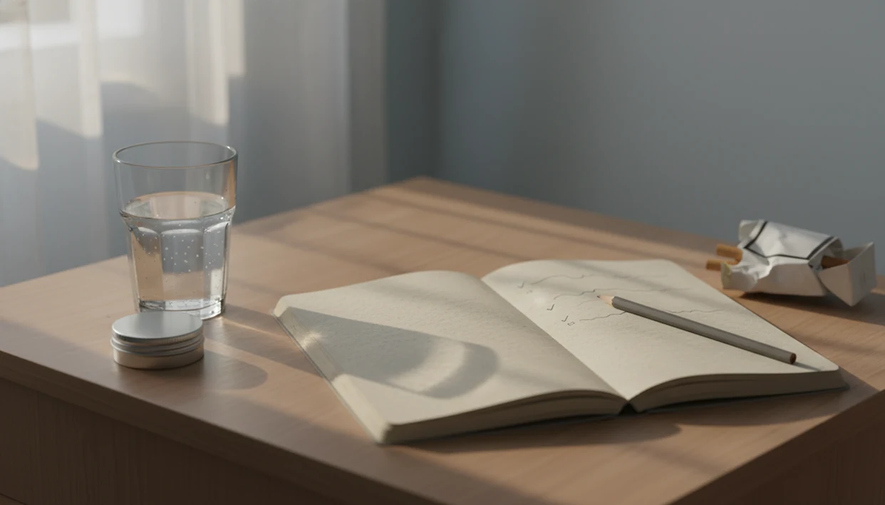 A quiet bedside still life shows a mood journal, water, and quit-smoking supports in soft morning light.