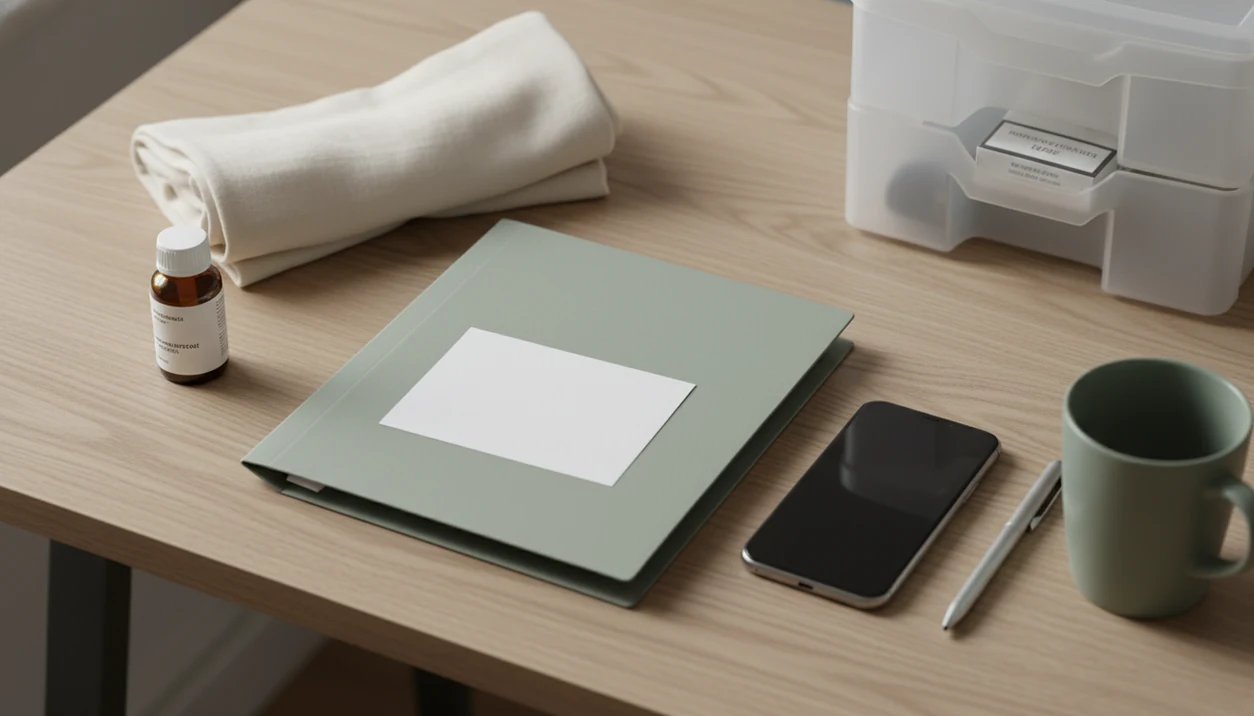 A phone and prenatal care items sit on a desk, with cigarettes tucked away in the background.