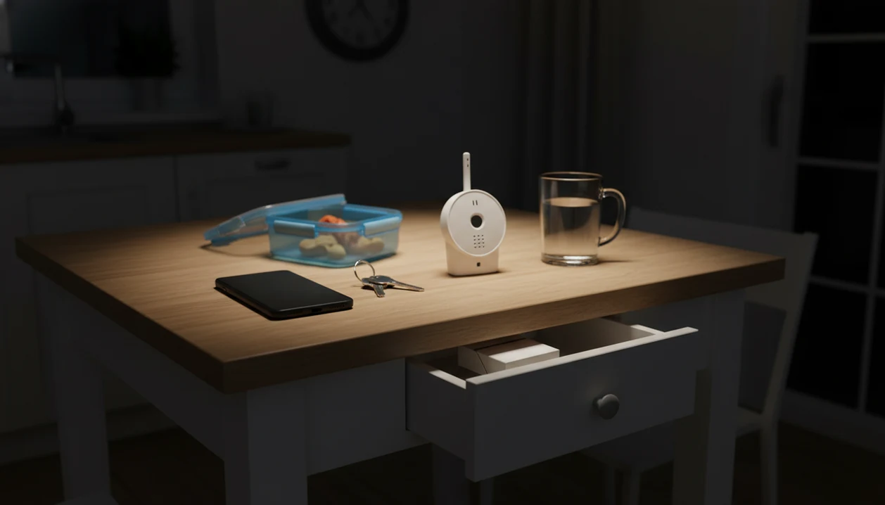 A quiet kitchen table shows a phone, baby monitor, keys, lunchbox, and hidden cigarettes at night.