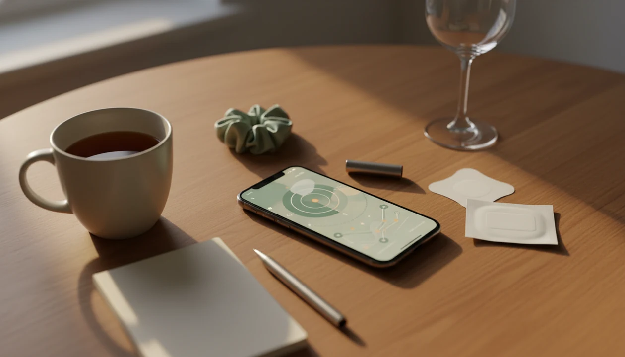A phone with abstract tracking visuals sits among tea, a notebook, and everyday routine items on a table.