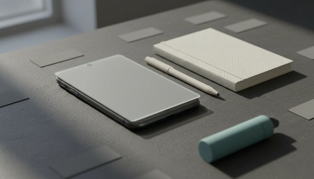 A face-down phone and habit journal sit under frosted glass, suggesting private quit smoking app data.