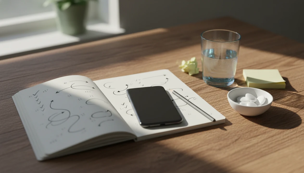 A blank phone, journal marks, lozenges, and water show a realistic quit smoking progress routine.