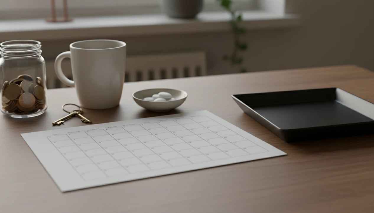 A blank 30-day habit tracker, savings jar, coffee mug, keys, and mints sit on a calm morning table.