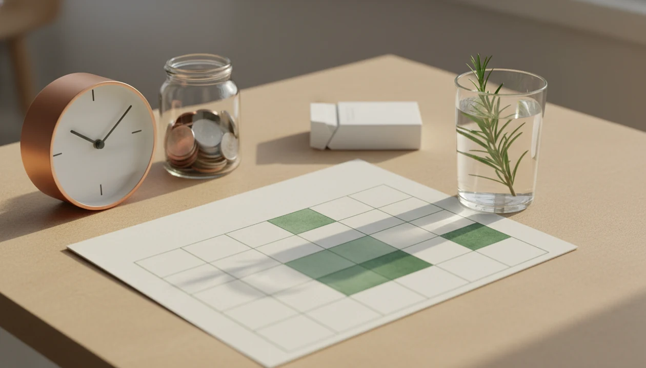 A calendar, clock, coin jar, and water glass suggest smoke-free health and money milestones over time.