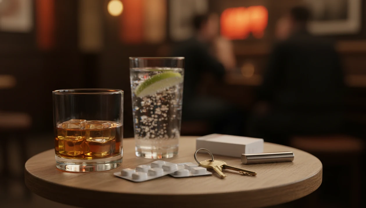 A bar table shows a drink, sparkling water, nicotine gum, keys, and cigarettes kept out of reach.