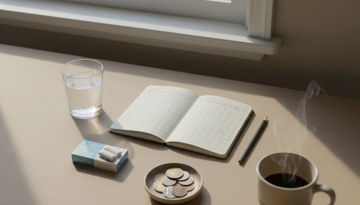 A morning quit-smoking check-in notebook sits with a pencil, gum, water, and coins on a kitchen table.