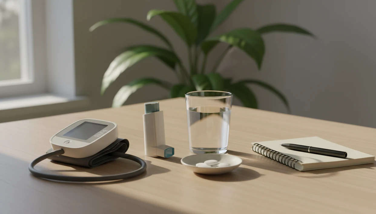 Home health items on a sunlit table suggest quitting smoking to protect heart and lung health.