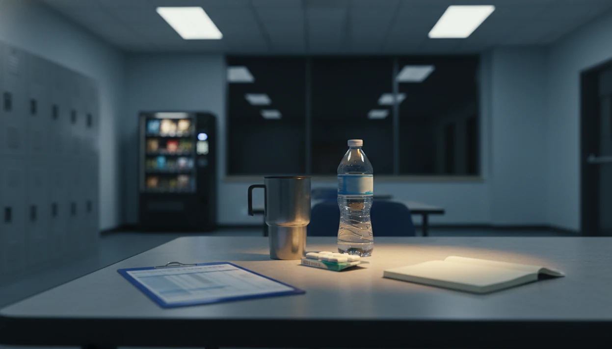 A quiet night shift breakroom table with coffee, water, gum, and a notebook for managing cravings.