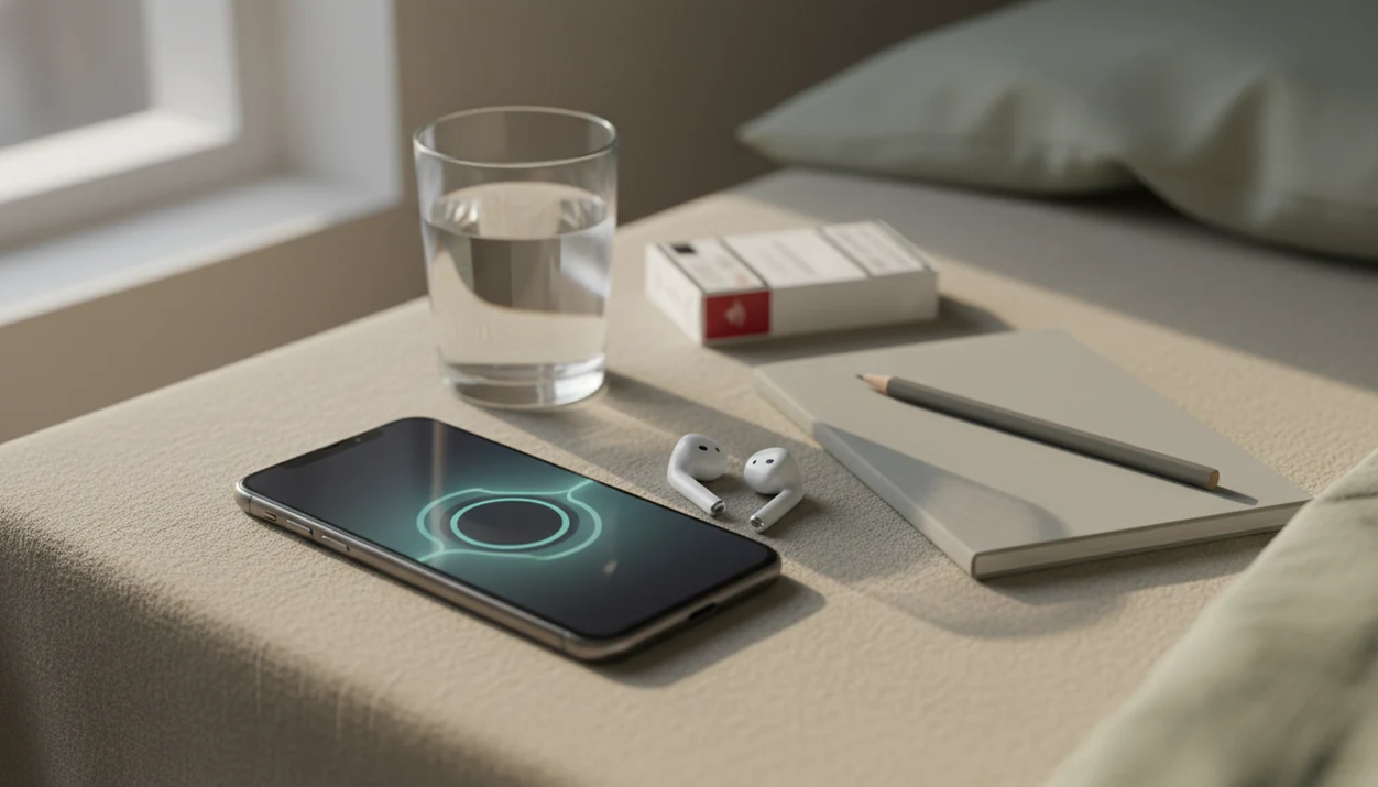 A phone with earbuds, a habit notebook, and a tucked-away cigarette pack on a bedside table.