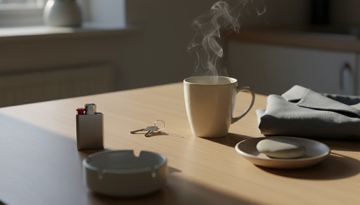 A morning table shows old smoking cues set aside while everyday smoke-free routines sit in warm light.