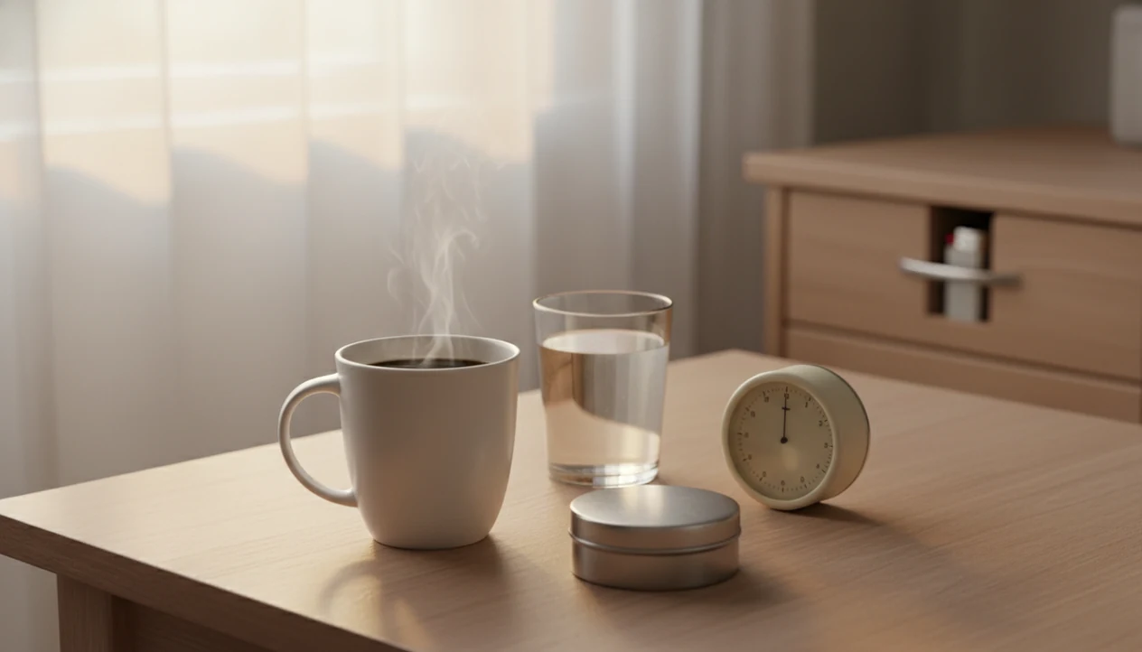 A morning table with coffee, water, gum, and a timer set up before the old smoking cue.