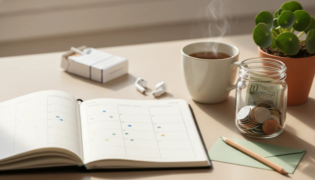 A blank planner, savings jar, and small rewards are arranged on a calm tabletop for a quit smoking plan.