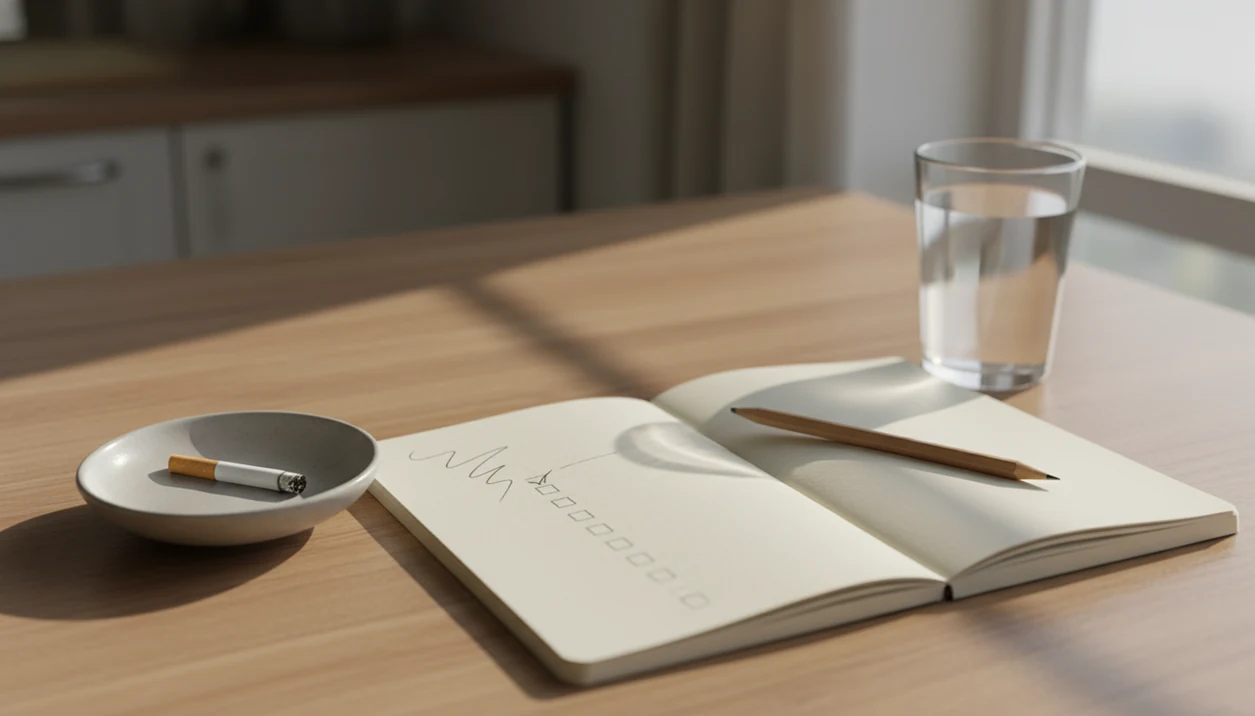 A cigarette butt in a dish beside a blank notebook, pencil, and water glass on a calm morning table.