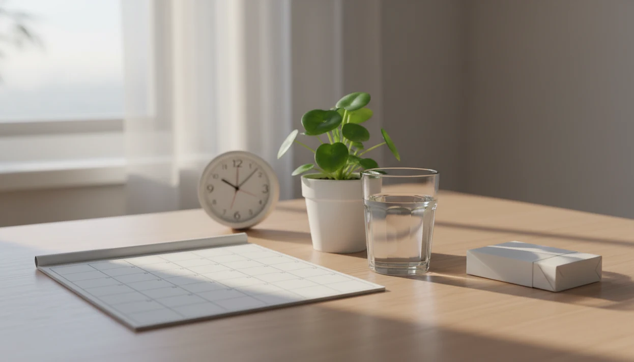 A blank calendar, clock, water glass, plant, and plain cigarette pack suggest the first year after quitting.