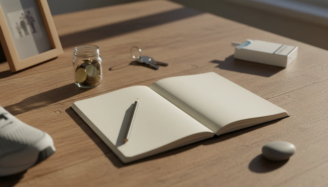 A blank notebook with personal objects on a kitchen table, with cigarettes pushed out of focus nearby.