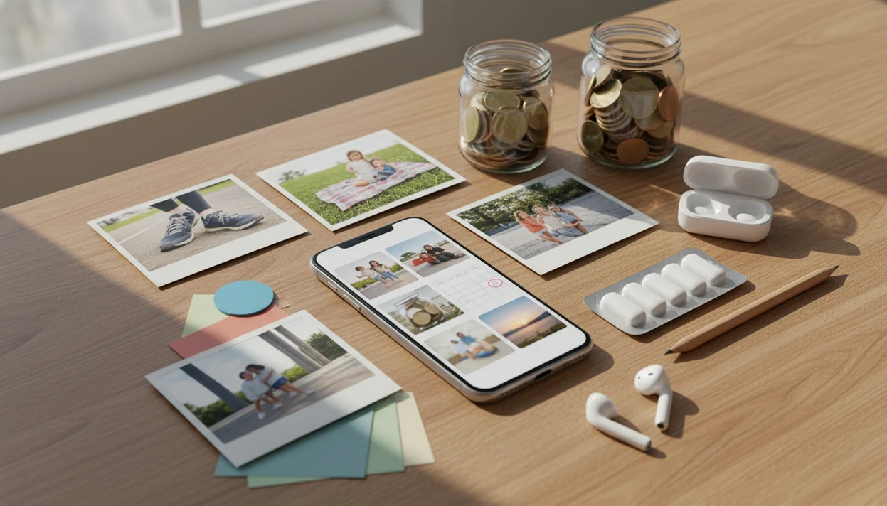 A phone vision board for quitting smoking surrounded by photos, coins, and quit-support tools on a desk.