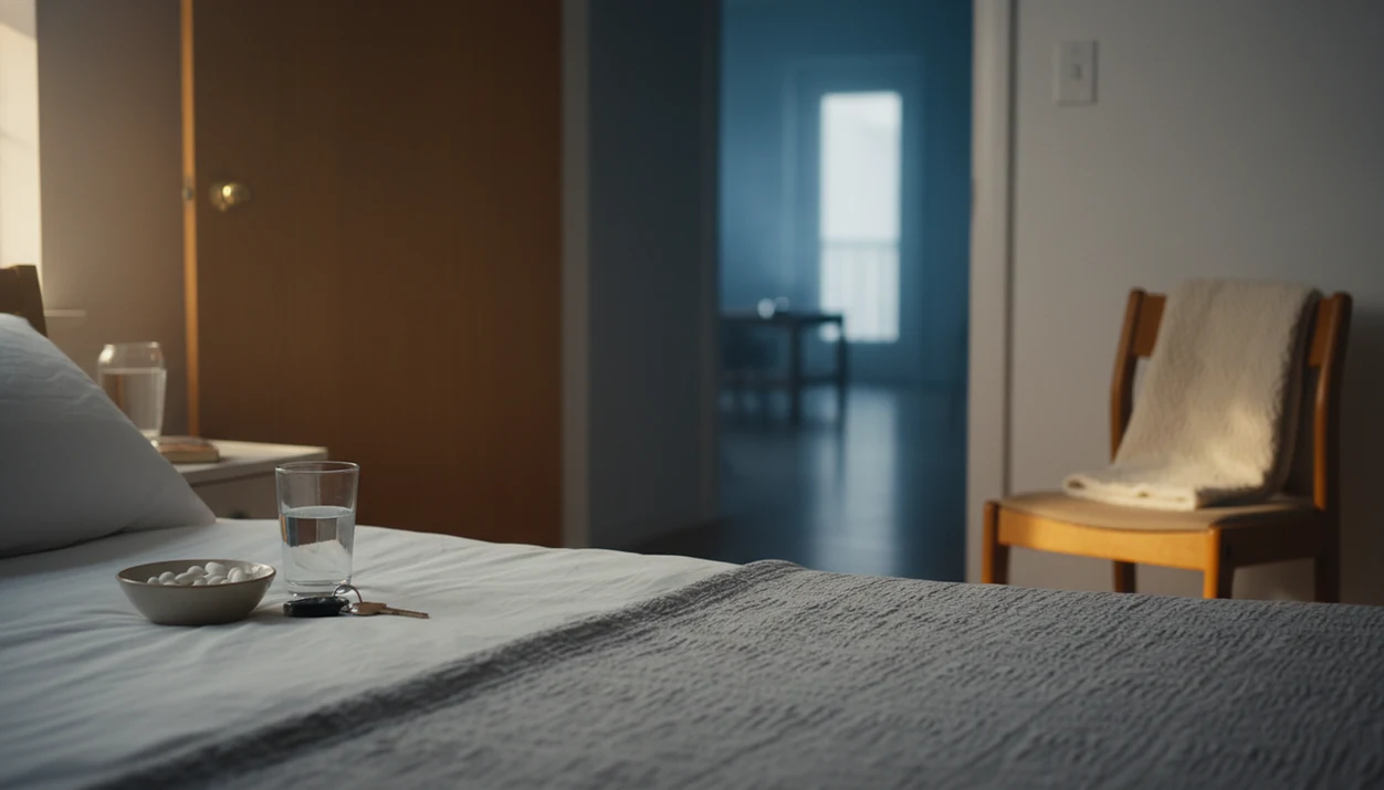 A clean bedroom contrasts with a hazy hallway and porch area where smoking cues remain in the distance.