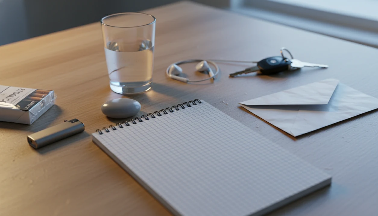 A stressful table scene shows cigarettes set aside beside simple coping tools like water, earbuds, and a notebook.