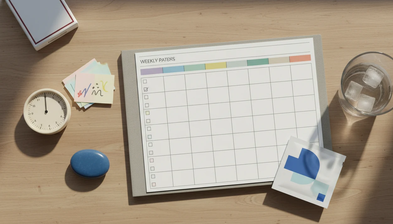 A calm desk setup shows reminders, a timer, and quit-support tools for ADHD-friendly smoking cessation.
