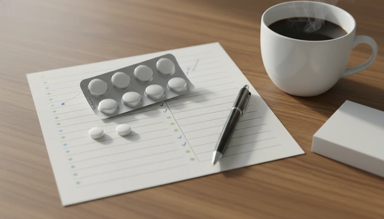 Nicotine lozenges sit beside a simple craving tracker sheet on a calm wooden table.