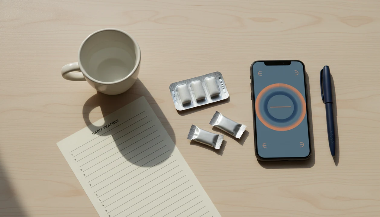 Nicotine gum, a phone, and a blank tracker arranged on a quiet desk for a quit smoking plan.