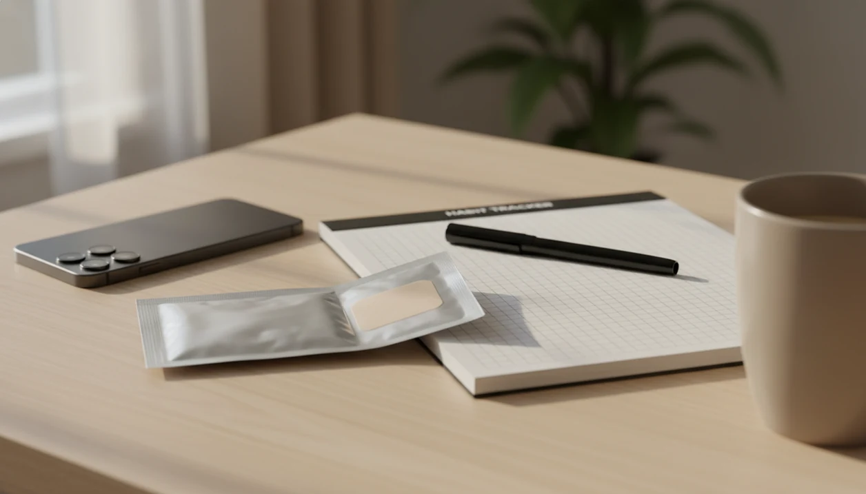 A nicotine patch, blank tracking sheet, pen, mug, and face-down phone sit on a calm morning table.
