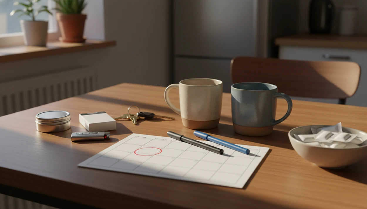 A kitchen table holds two mugs, a blank quit plan, keys, and smoking items set aside.