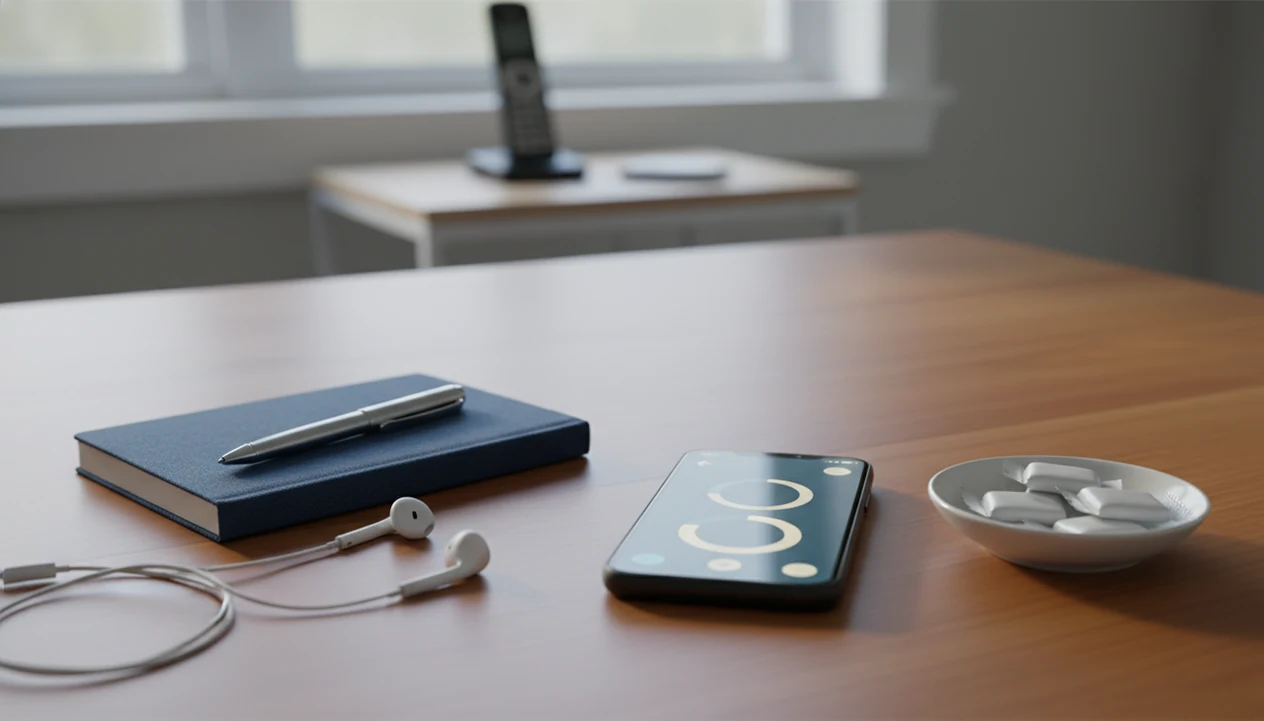 A phone, app, notebook, and earbuds on a table suggest quitline coaching paired with daily tracking.