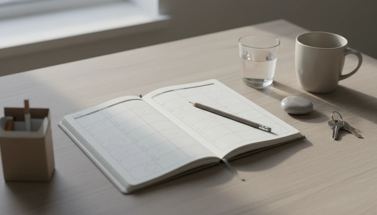 A blank habit journal, pencil, water, keys, and coffee mug arranged for a smoke-free quit plan.