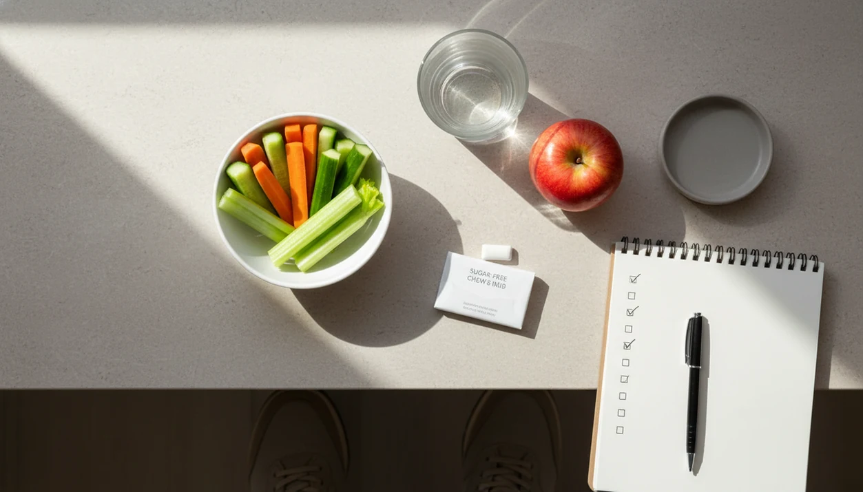 A healthy snack plan, water, gum, walking shoes, and a blank tracker arranged on a kitchen counter.