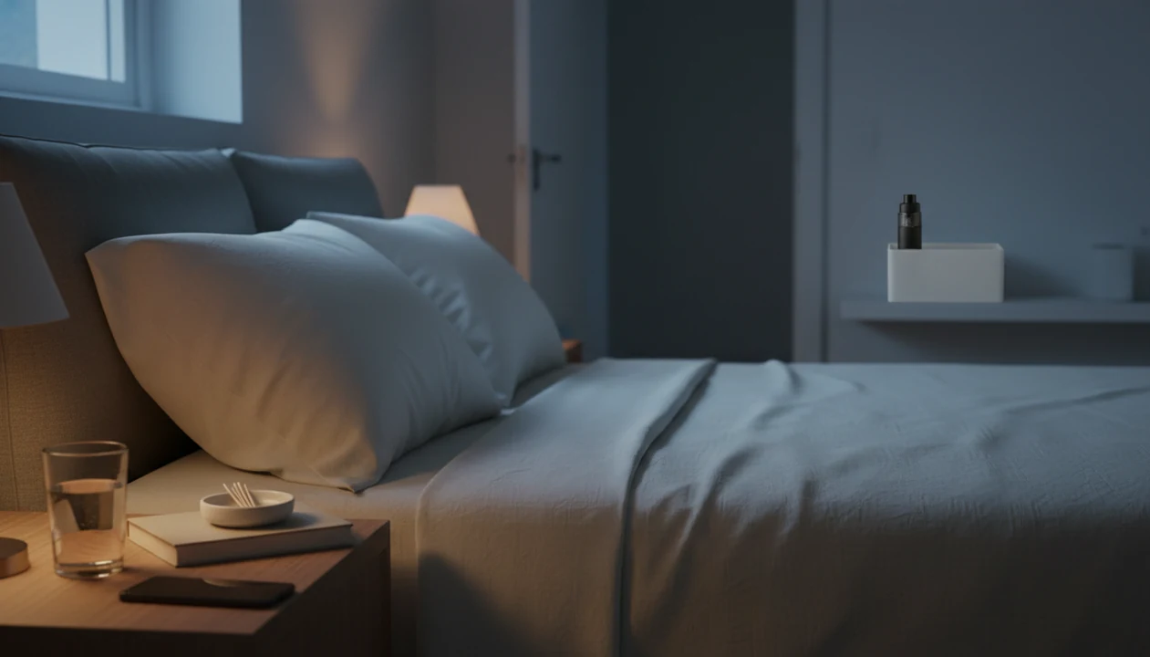 A quiet bedroom nightstand set up for sleep, with a vape kept away near the doorway.