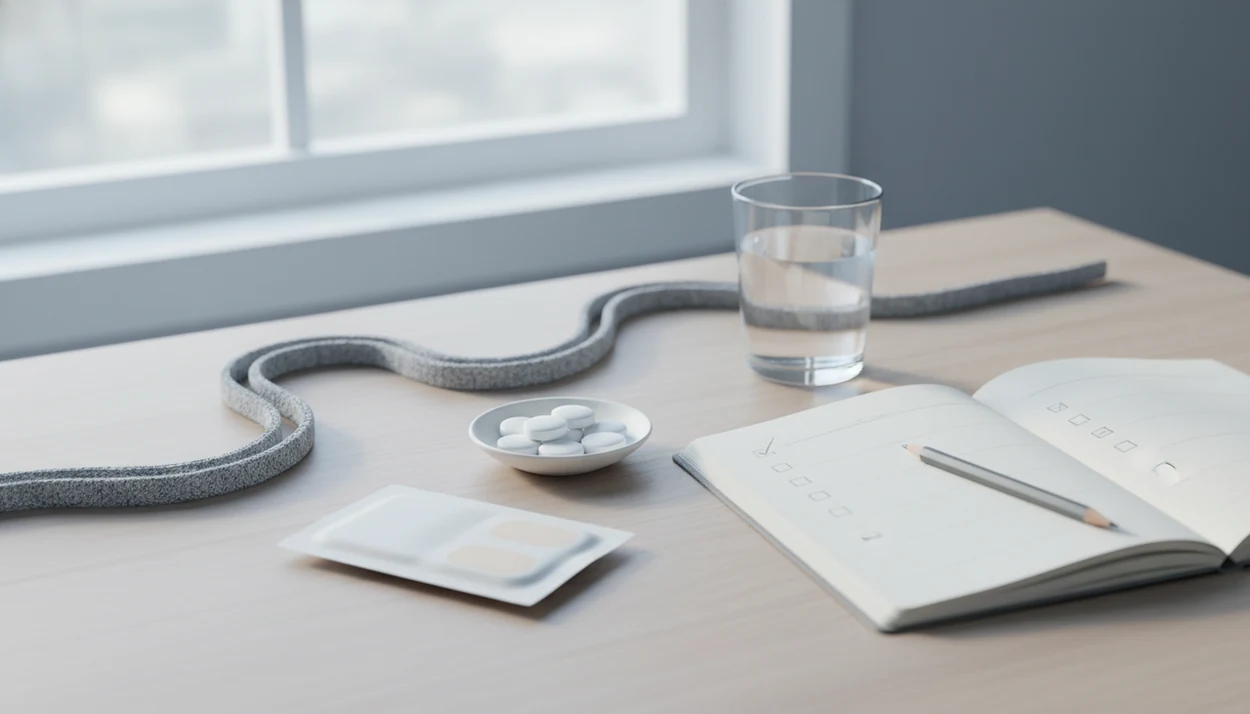 A calm tabletop shows quit-aid items, water, a blank tracker, and a loosening cord in morning light.
