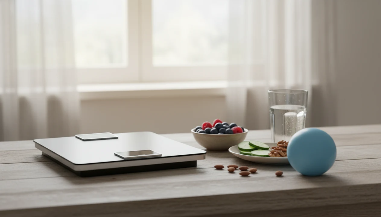A bathroom scale beside planned snacks, water, and a stress ball in soft morning light.