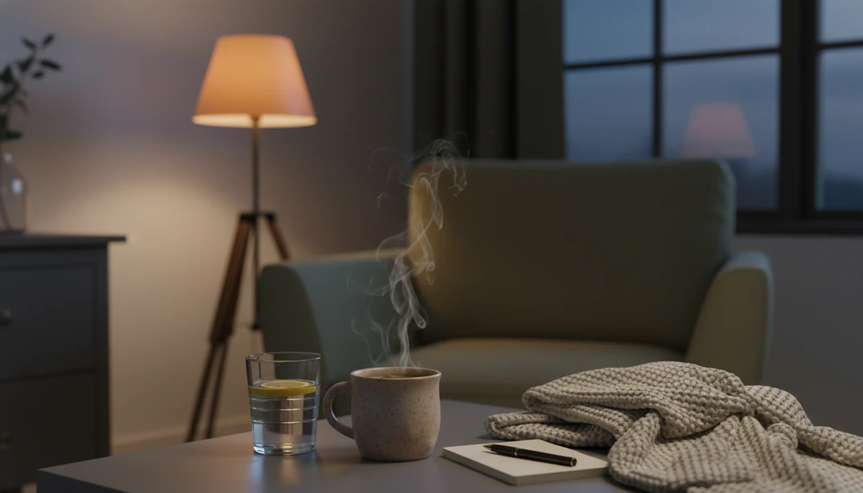 A calm evening setup with tea, water, blanket, and notebook beside an empty armchair.