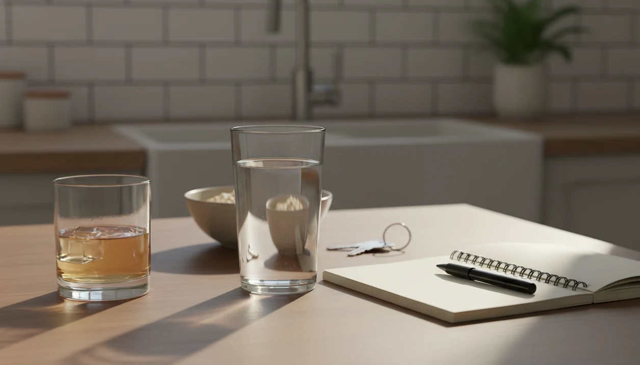A water glass, blank notebook, and pushed-aside drink suggest a calm reset after a drinking slip.