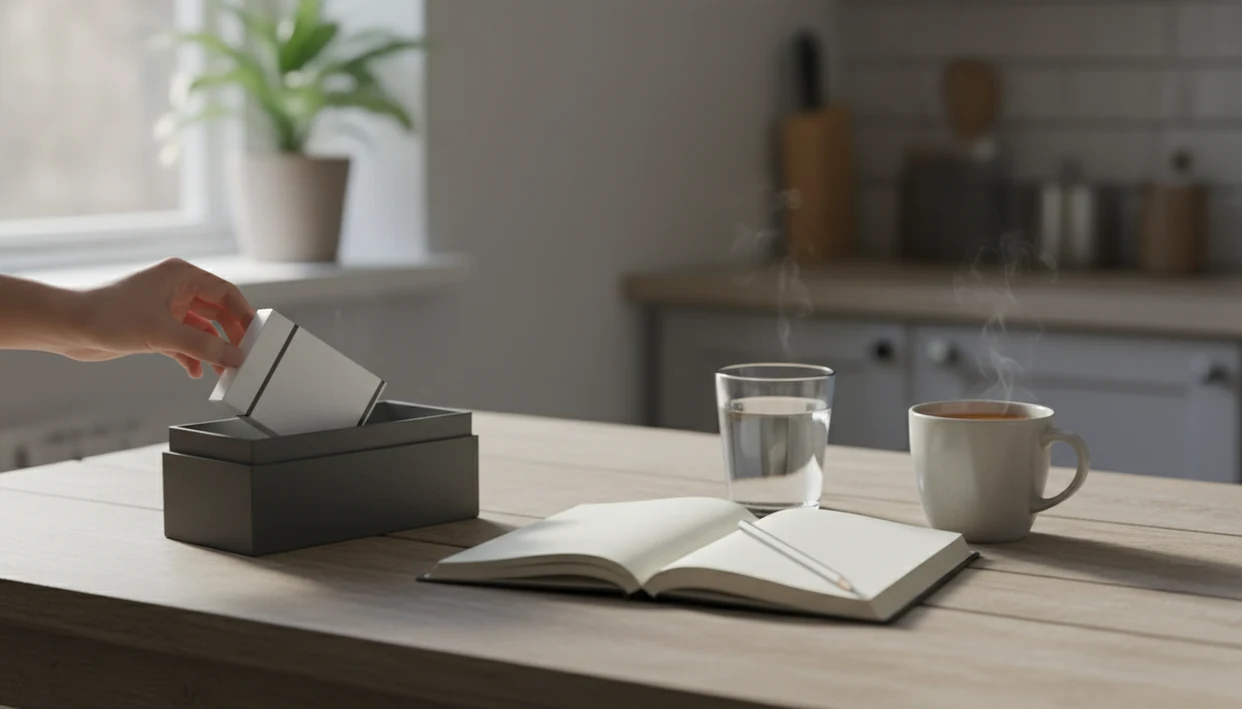 A closed cigarette pack beside a blank notebook and tea suggests a calm restart after a smoking slip.