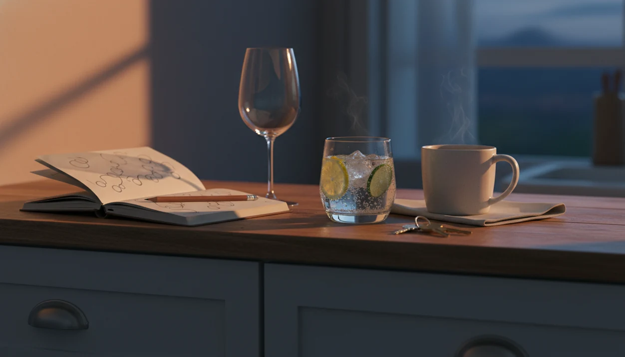 A kitchen counter shows an unused wine glass beside tea, sparkling water, keys, and a craving notes notebook.