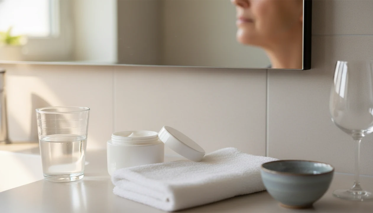A calm bathroom vanity scene with water, skincare items, and a softly reflected face in morning light.