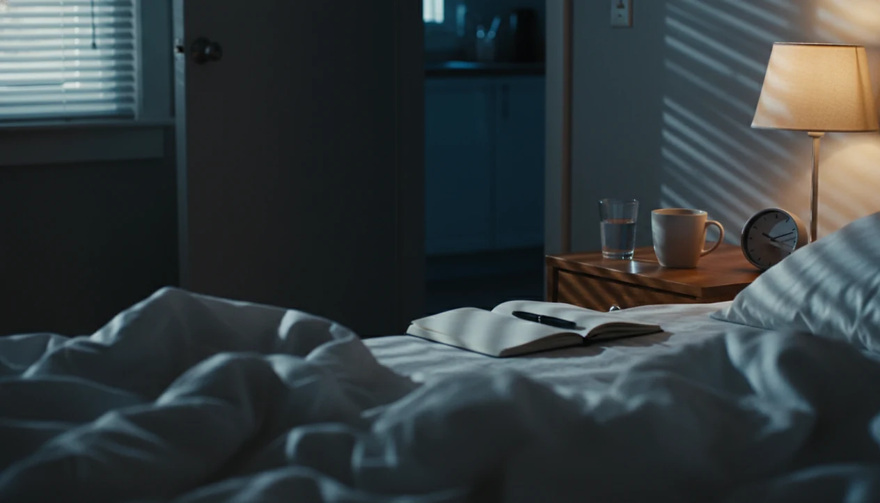 A rumpled bed and bedside table at night suggest insomnia, stress, and rising alcohol cravings.