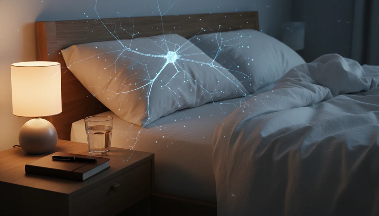A calm bedside scene with a journal, water glass, and subtle neural light near a pillow.