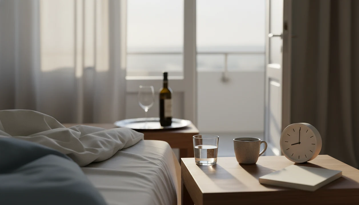 A peaceful dawn bedroom with water by the bed and alcohol left untouched in the background.