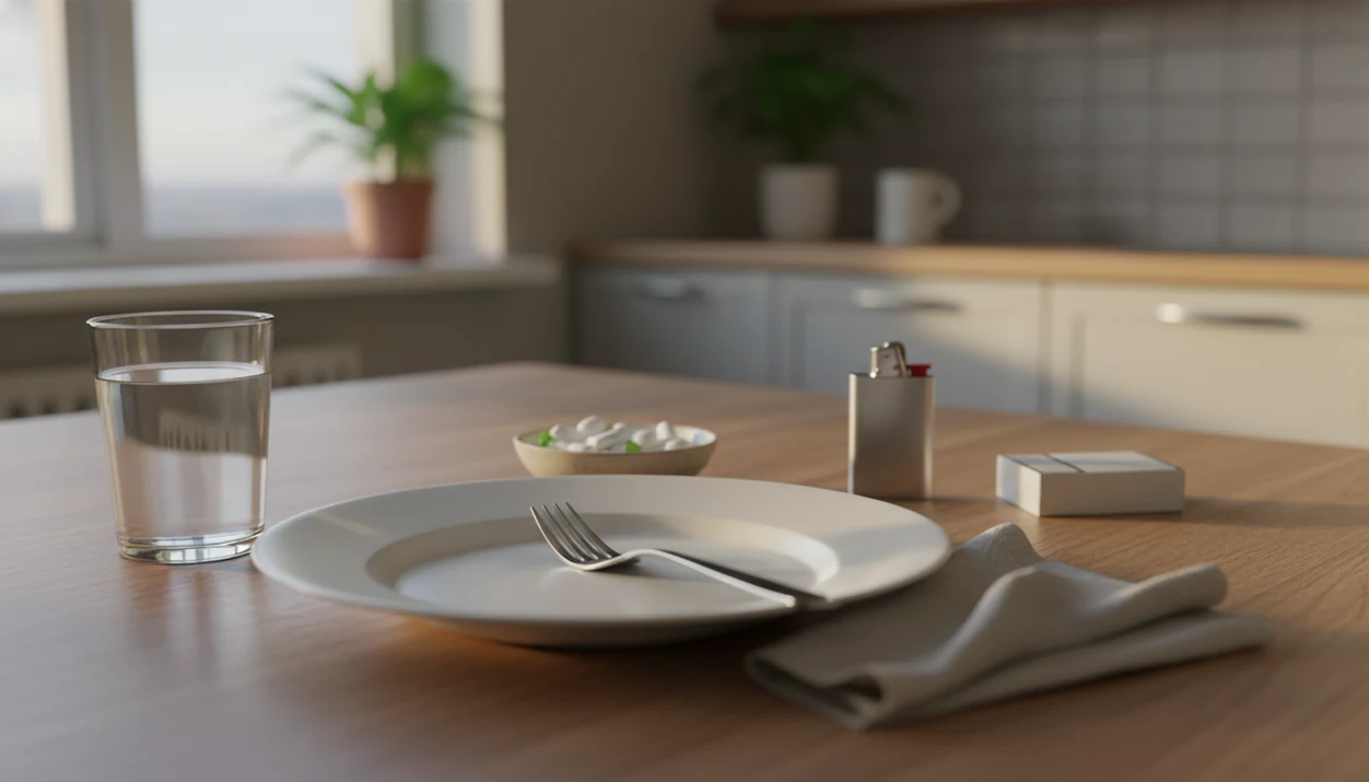 A finished meal table shows water and gum in focus while cigarettes and a lighter sit pushed aside.